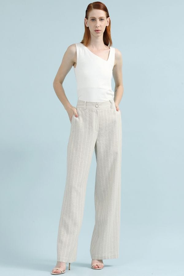 PANTALON ANCHO CON LINO, TIRO ALTO, LISTADO, BEIGE