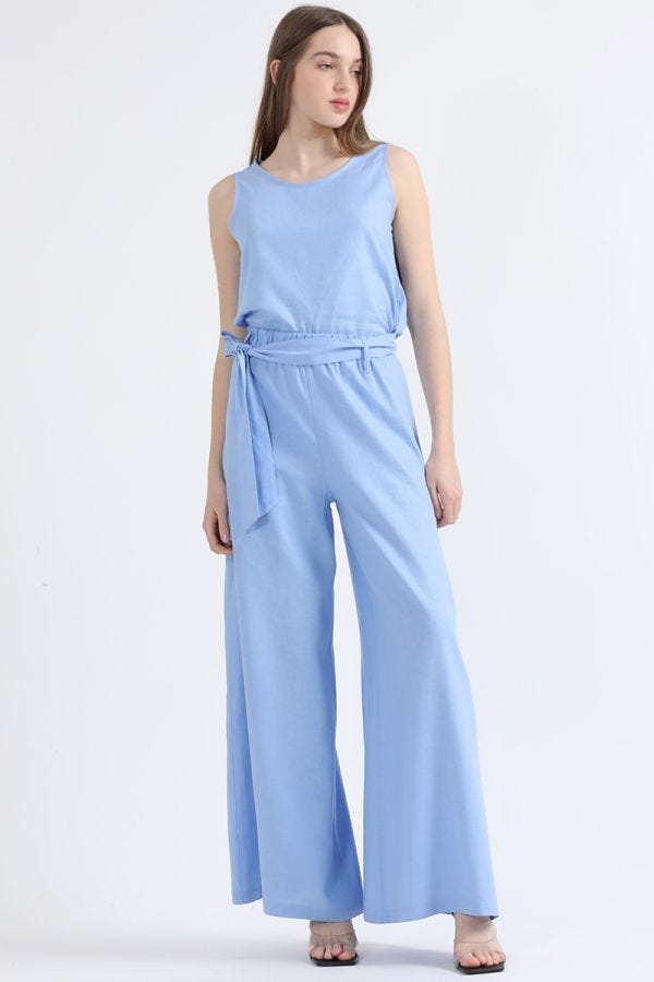 PANTALON PALAZZO CON LINO, TIRO ALTO, CELESTE, COLECCIÓN ITALIA