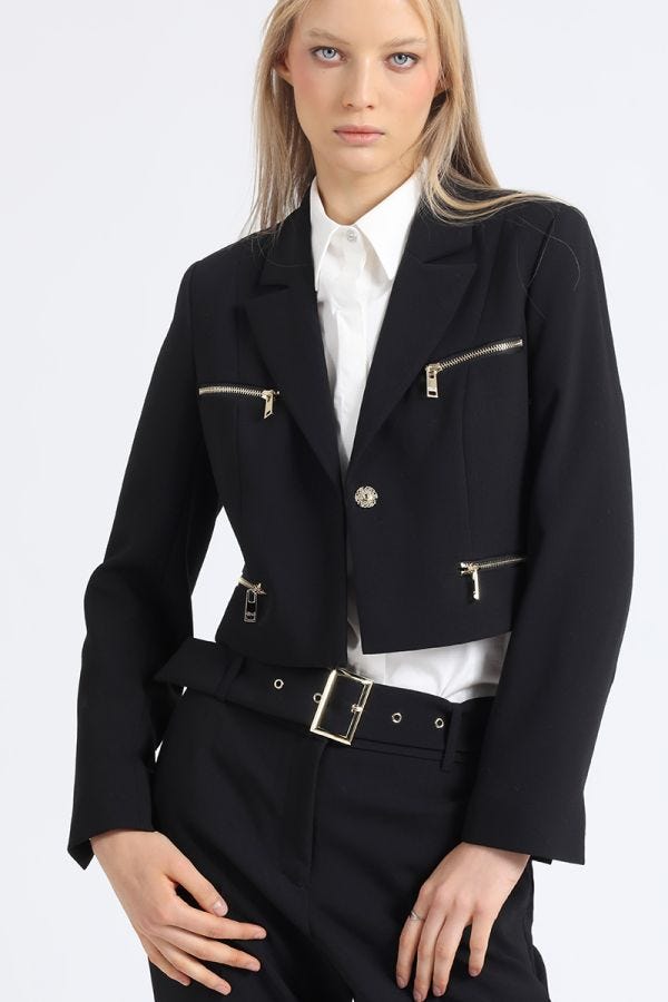 BLAZER CROP CIERRES FANTASIA, NEGRO