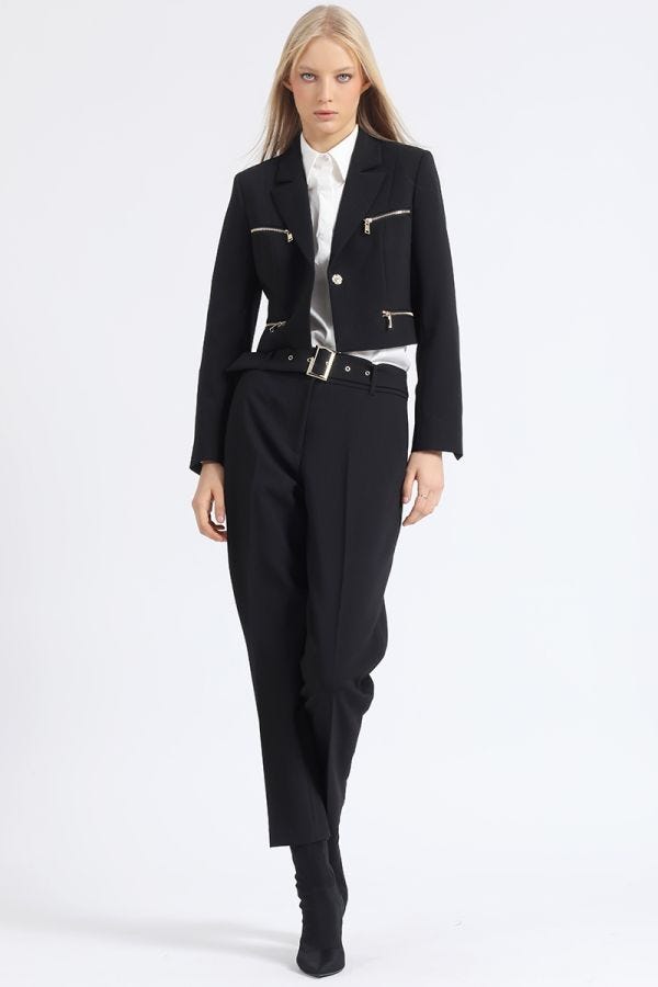 PANTALON SASTRE TIRO ALTO CON CINTURON, NEGRO