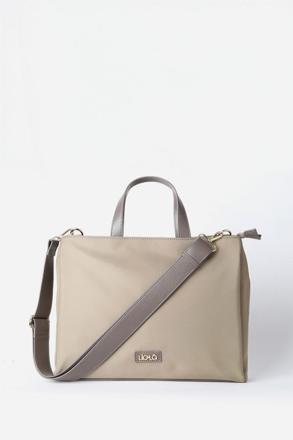 BOLSO PARA LAPTOP, EN TELA Y APLICACIÓN EFECTO CUERO CONTRATONO, BEIGE