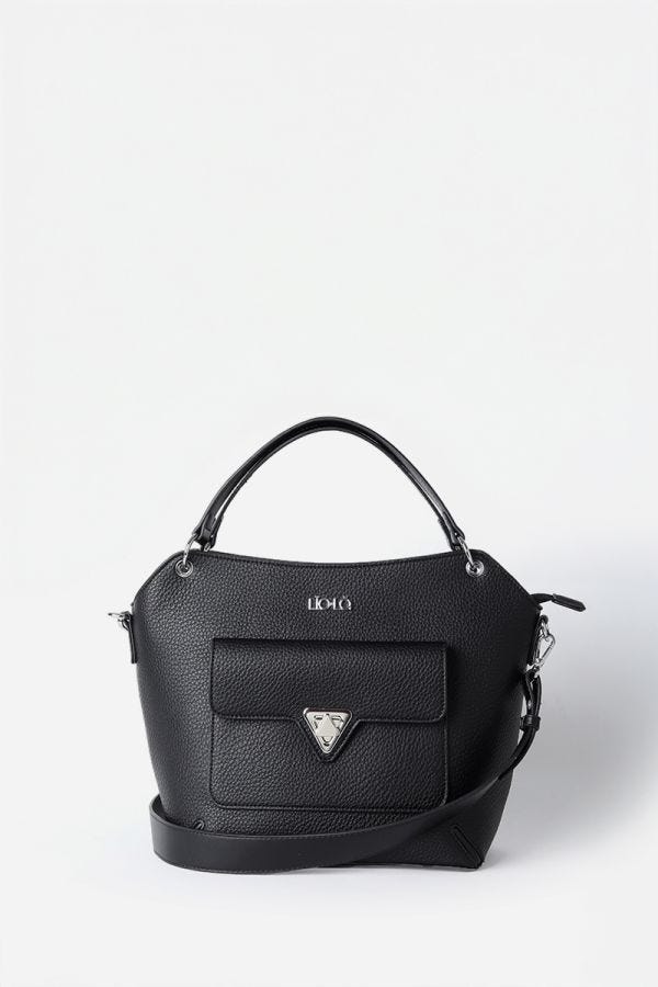 CARTERA MEDIANA, BROCHE TRIANGULO, EFECTO CUERO GRANULADO, NEGRO