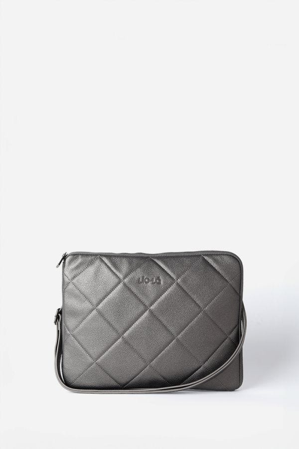 BOLSO LAPTOP, ACOLCHADO, EFECTO CUERO METALIZADO, GRIS
