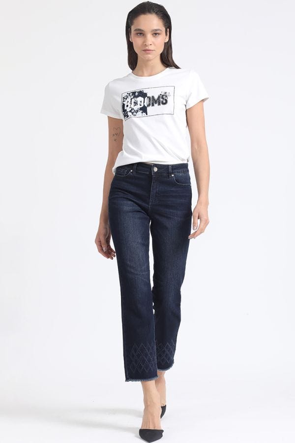 JEANS SLIM TIRO MEDIO, BORDADO, INDIGO