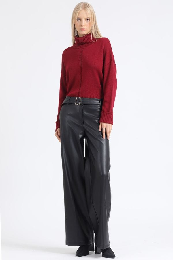 PANTALON ANCHO, TIRO ALTO CON CINTURON, EFECTO CUERO, NEGRO