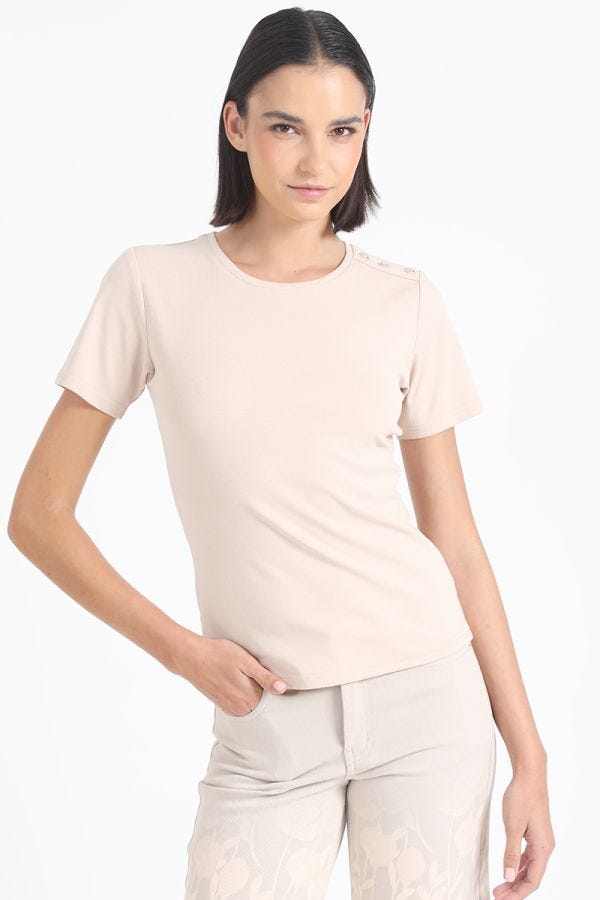 POLERA ALGODÓN SPANDEX APLICACIÓN STRASS, BEIGE