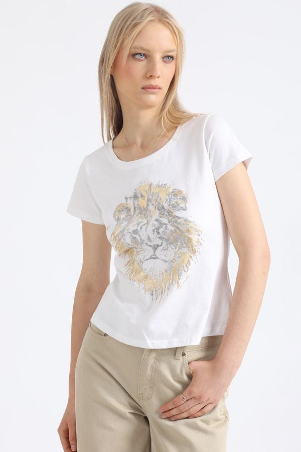 POLERA ALGODÓN ESTAMPADO LEON, FOLIA, CRUDO