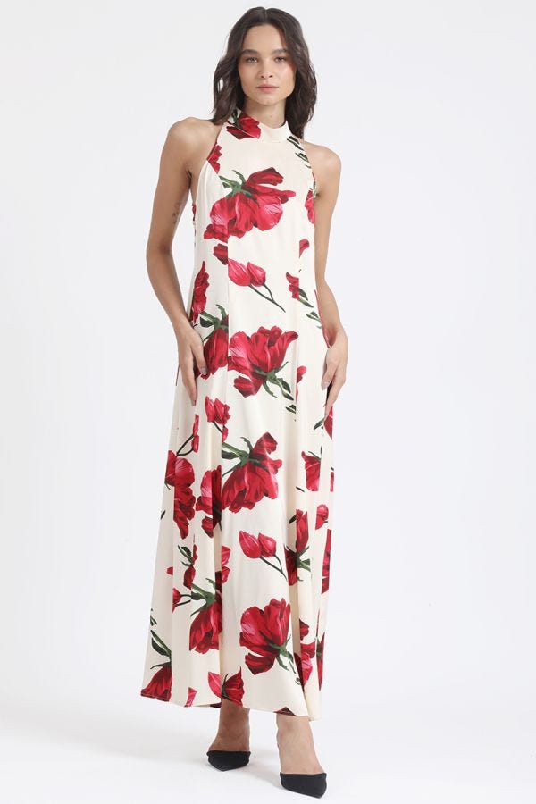 VESTIDO LARGO HALTER ESTAMPADO FLORES BEIGE