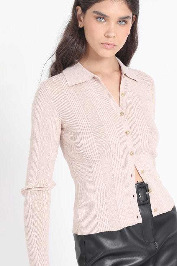 CARDIGAN CUELLO TEJIDO PUNTO, ROSA