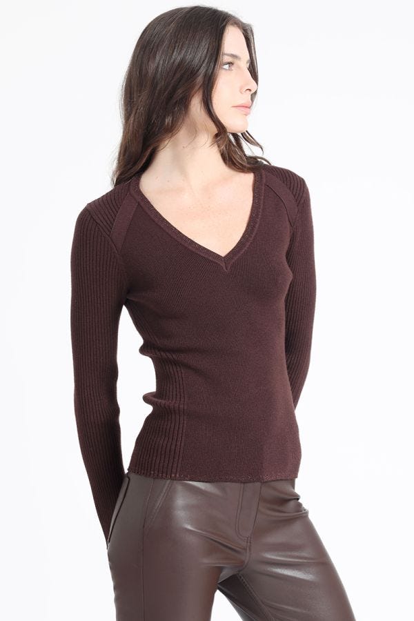 SWEATER PUNTO CON DETALLES, HILO METALIZADO, CHOCOLATE