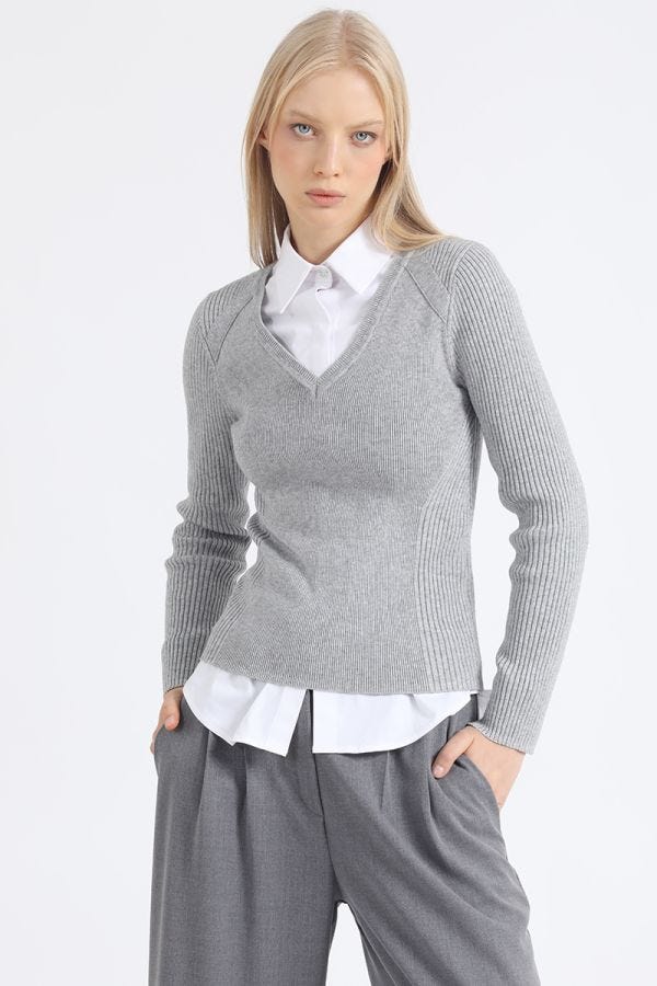 SWEATER PUNTO CON DETALLES, HILO METALIZADO, GRIS