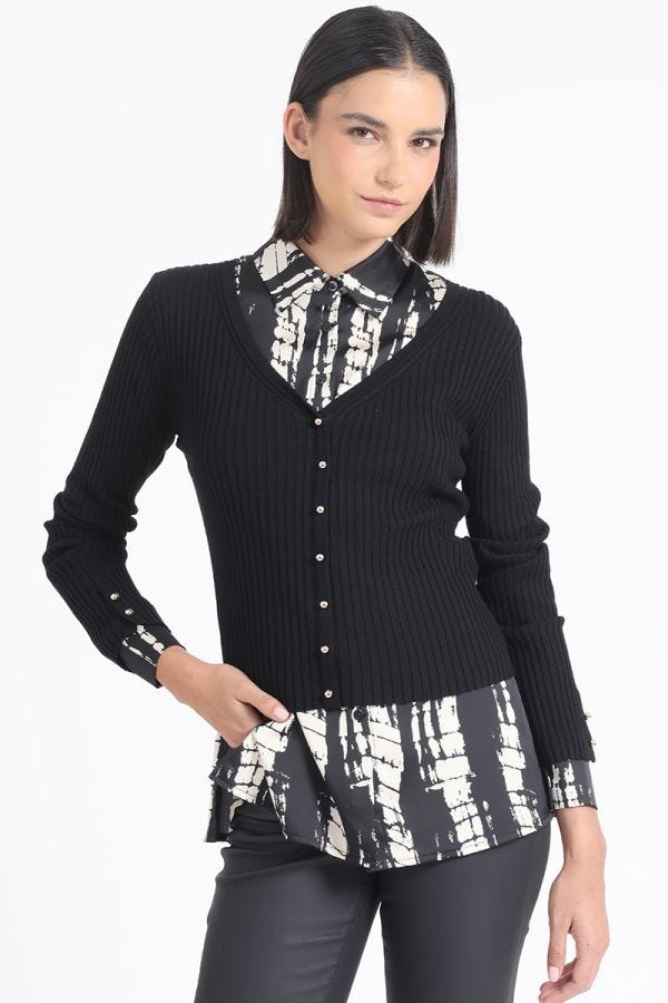 CARDIGAN TEJIDO PUNTO BOTON FANTASIA, NEGRO