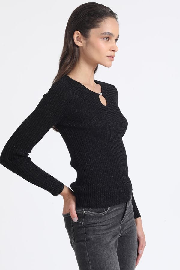 SWEATER TEJIDO PUNTO CON HILO METALIZADO Y APLICACIÓN DE STRASS, NEGRO