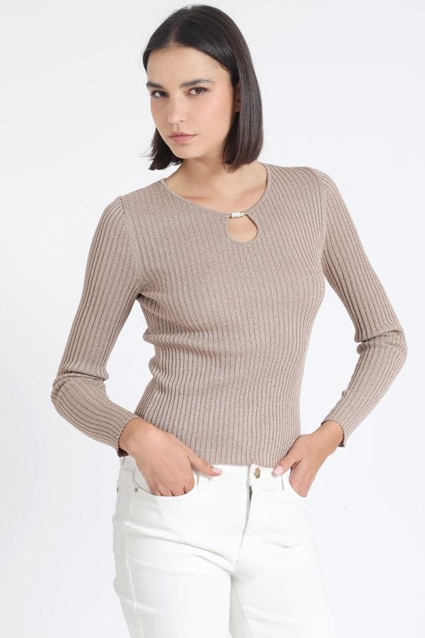 SWEATER TEJIDO PUNTO CON HILO METALIZADO Y APLICACIÓN DE STRASS, BEIGE