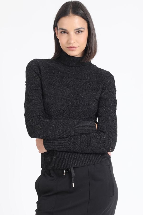SWEATER TEJIDO PUNTO FANTASIA CON HILO METALIZADO, NEGRO