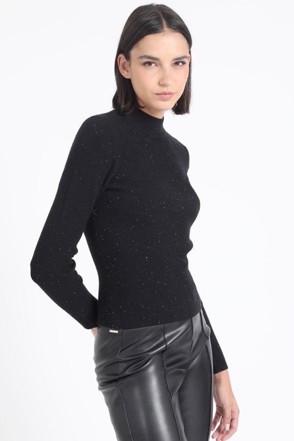 SWEATER TEJIDO PUNTO, APLICACION LENTEJUELAS, NEGRO