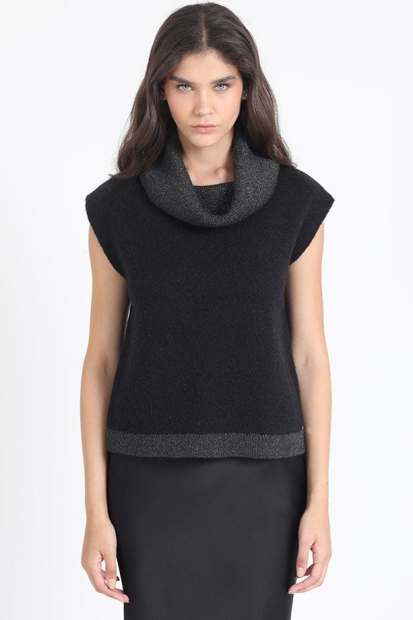 SWEATER RECTO TEJIDO PUNTO, APLICACIÓN HILO METALIZADO, NEGRO