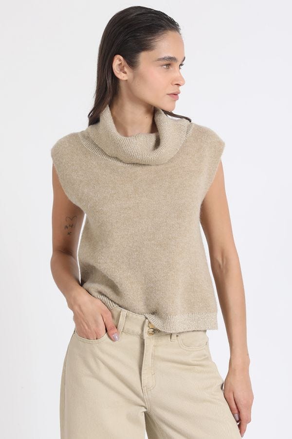 SWEATER RECTO TEJIDO PUNTO, APLICACIÓN HILO METALIZADO, CAMEL