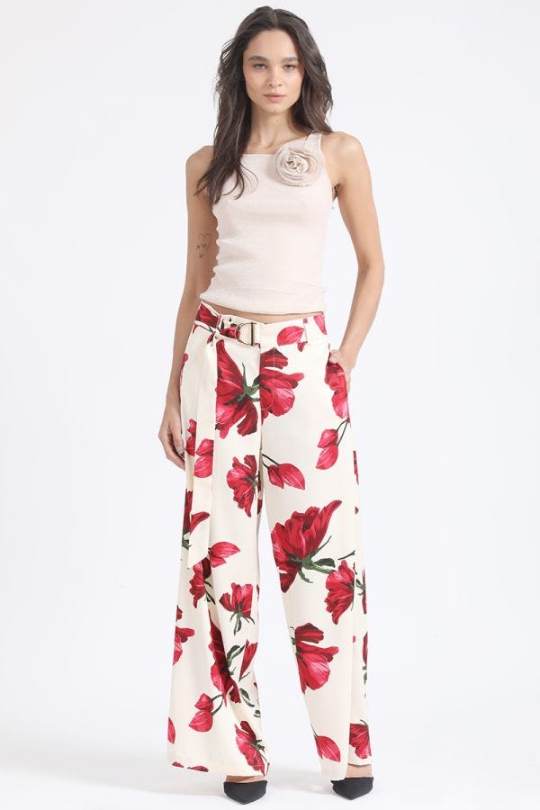 PANTALON ANCHO CON LAZO ESTAMPADO FLORES BEIGE