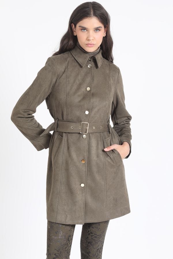 TRENCH EFECTO GAMUZA, FORRO ESTAMPADO, MILITAR