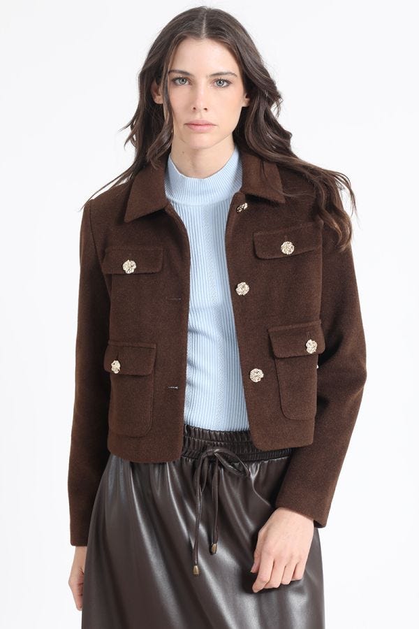 CHAQUETA CROP, MUFLON MELANGE, CHOCOLATE