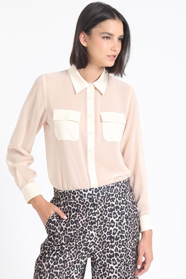 BLUSA GASA, APLICACIÓN SATIN, BEIGE