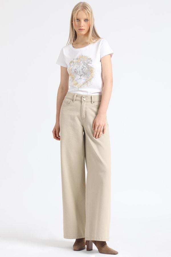 PANTALON PALAZZO TIRO ALTO, PROCESADO, BEIGE
