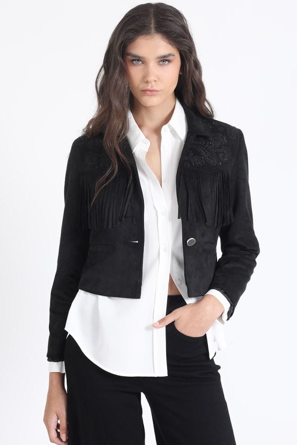 CHAQUETA CROPPED EFECTO GAMUZA, FLECOS, NEGRO