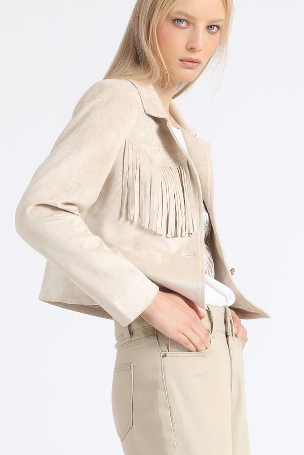 CHAQUETA CROPPED EFECTO GAMUZA, FLECOS, BEIGE