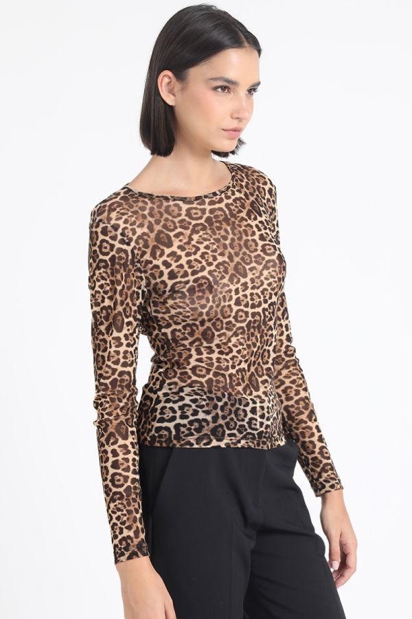 POLERA MALLA ESTAMPADA ANIMAL PRINT, NEGRO