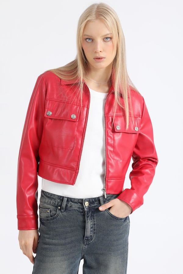 CHAQUETA CROP RECTA EFECTO CUERO, ROJO