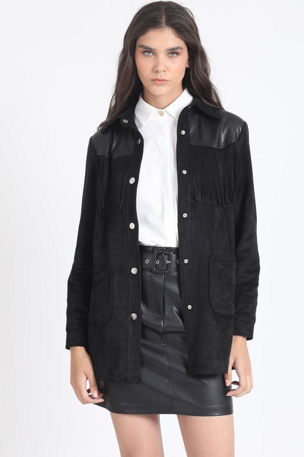 CHAQUETA LARGA FLECOS EFECTO GAMUZA, NEGRO