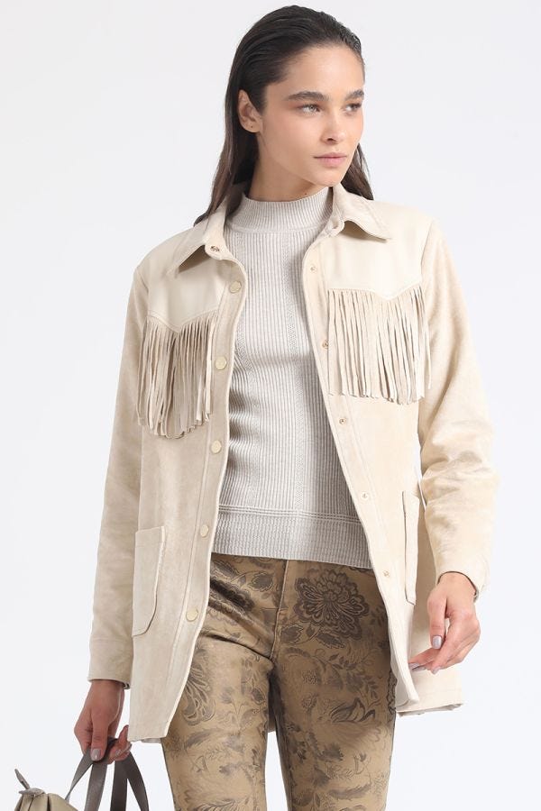 CHAQUETA LARGA FLECOS EFECTO GAMUZA, BEIGE