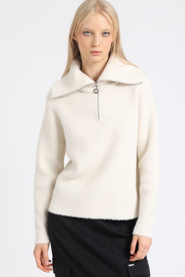 SWEATER TEJIDO PUNTO, FANTASIA PIEL, MIX HILO METALIZADO, CRUDO