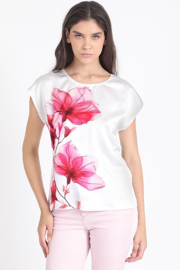 POLERA CON SATIN, FLOR FUCSIA, CRUDO