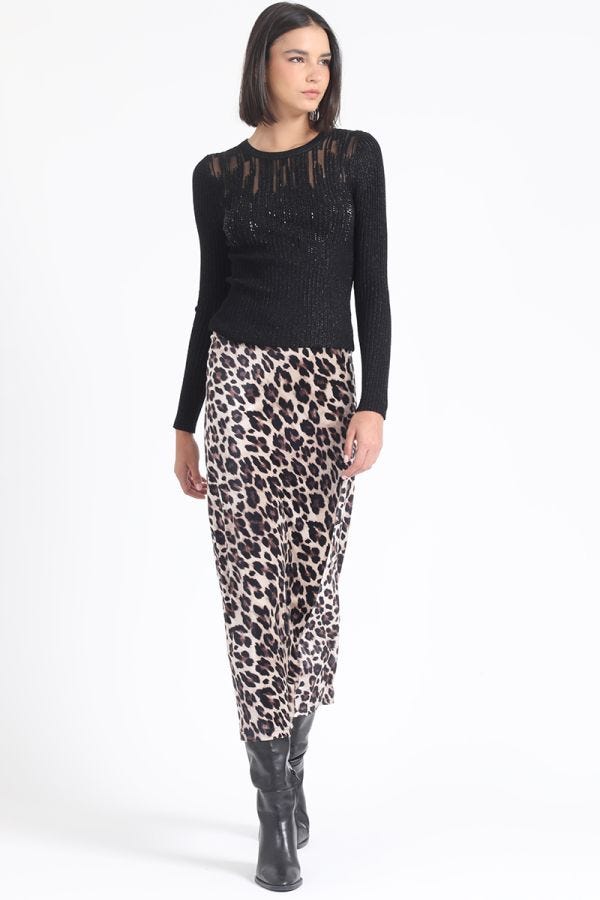 FALDA MAXI ESTAMPADO LEOPARDO, NEGRO