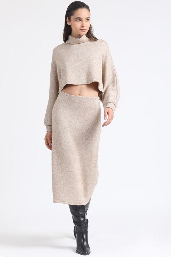 FALDA MIDI TEJIDO PUNTO, TUBO, CON HILO METALIZADO, BEIGE