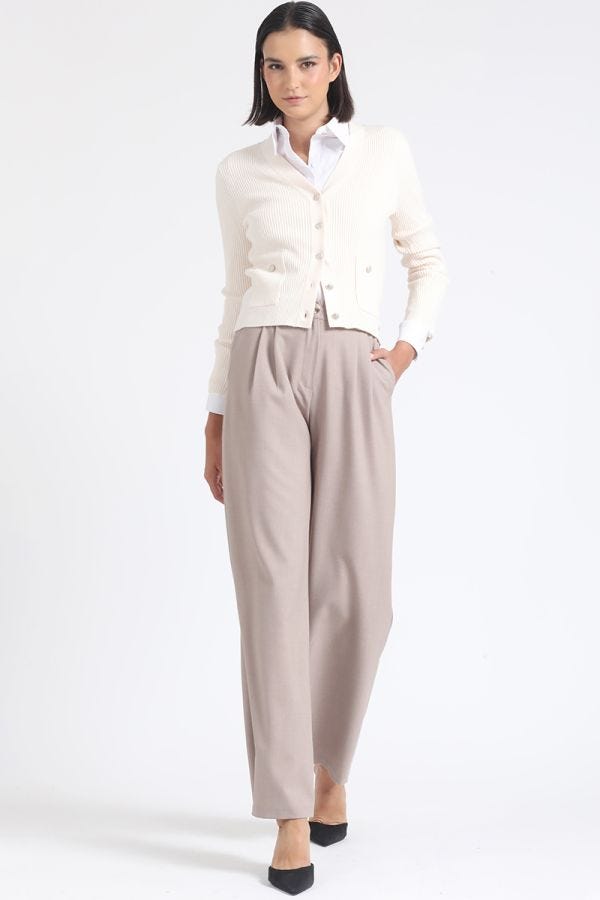 PANTALON ANCHO TIRO ALTO CON PINZAS, BEIGE