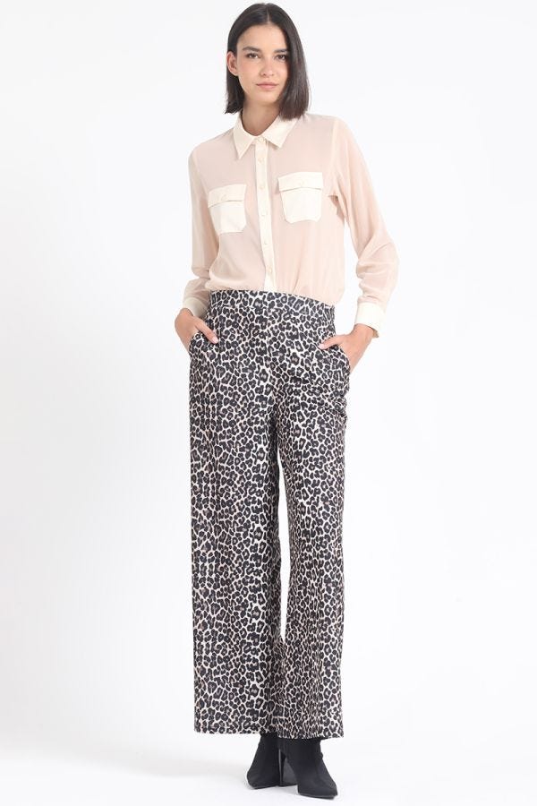 PANTALON ANCHO, TIRO ALTO, ESTAMPADO LEOPARDO, CAFE