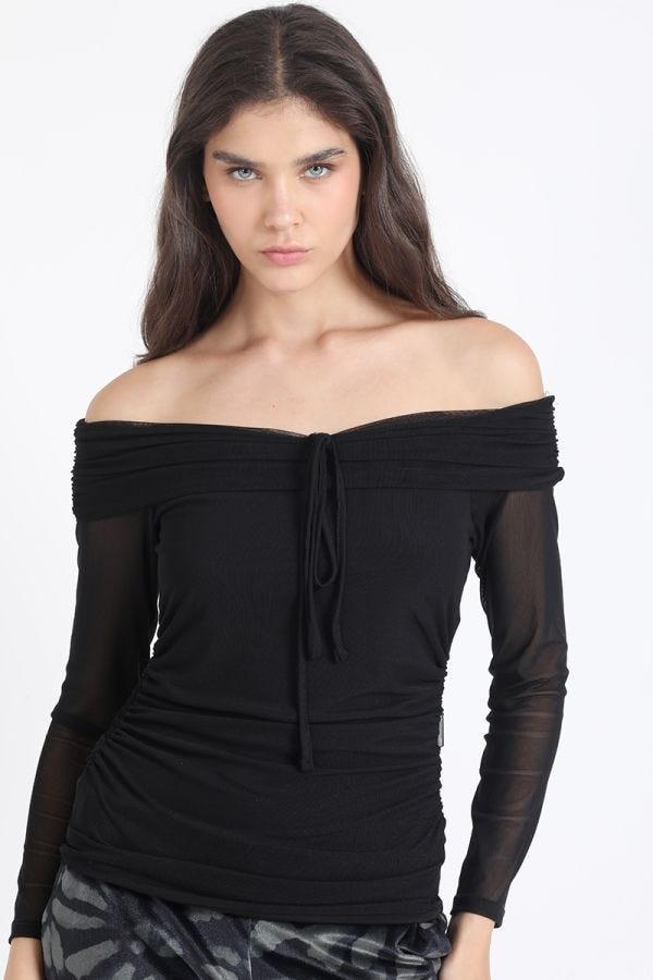 POLERA DE MALLA, OFF SHOULDERS, RECOGIDO, NEGRO