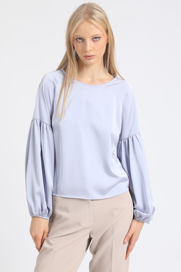 BLUSA MANGA AGLOBADA, SATIN CELESTE