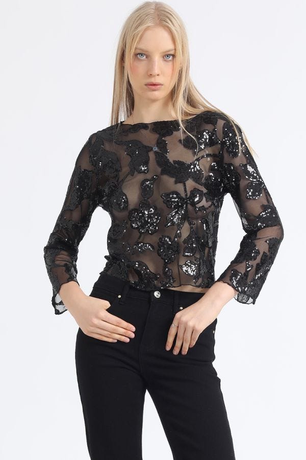 POLERA MALLA BORDADO LENTEJUELAS, NEGRO