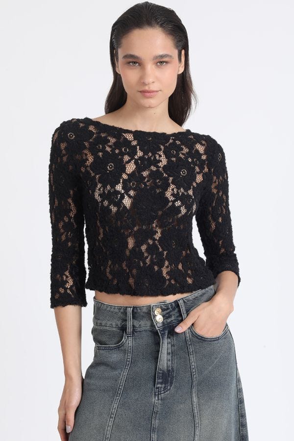POLERA ENCAJE FANTASIA, NEGRO