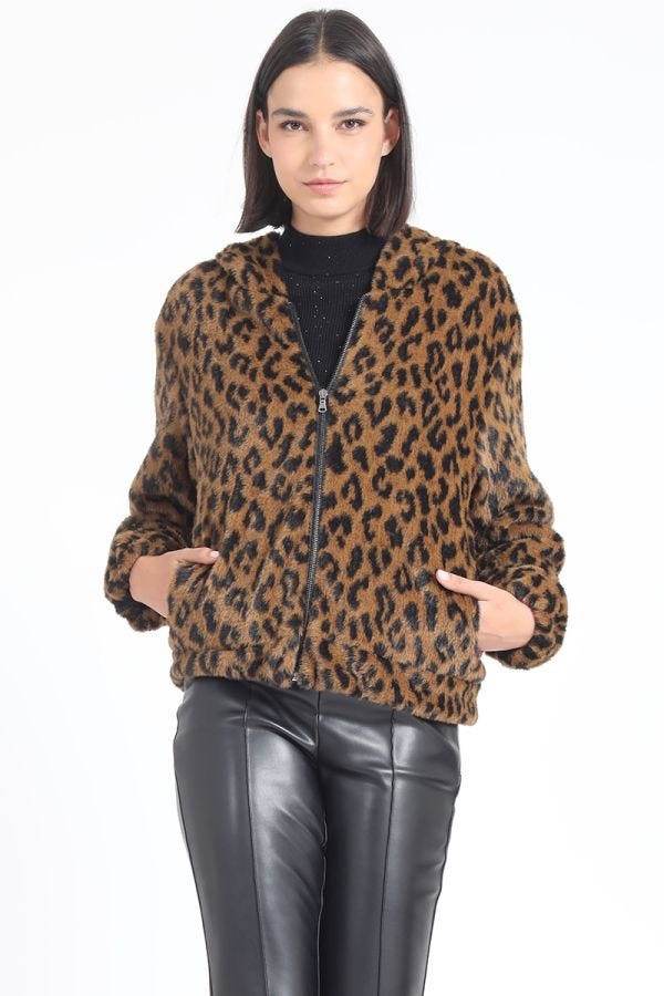 CHAQUETA BOMBER EFECTO PIEL LEOPARDO, CAFÉ