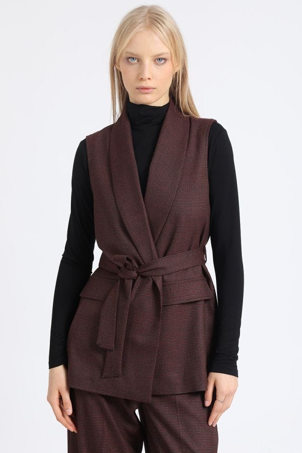 CHAQUETA LARGA SIN MANGAS, PRINCIPE DE GALES, BURDEO, MADE IN ITALIA