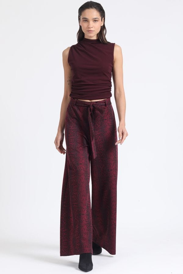 PANTALON PALAZZO, TIRO ALTO, ESTAMPADO PITON, BURDEO