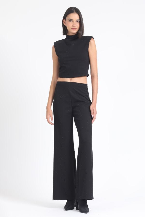 PANTALON ANCHO, TIRO ALTO, STRASS, NEGRO