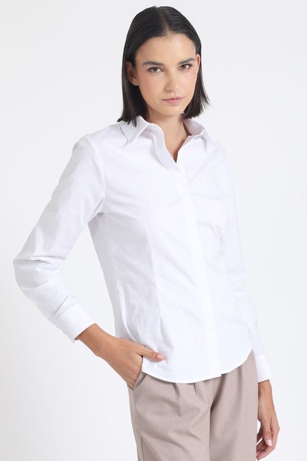 CAMISA BASICA ALGODÓN POPLIN, BOTON JOYA, CRUDO