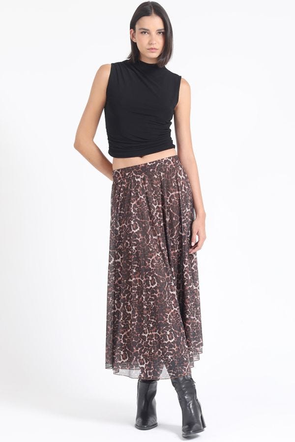 FALDA LARGA MALLA ESTAMPADA LEOPARDO, NEGRO