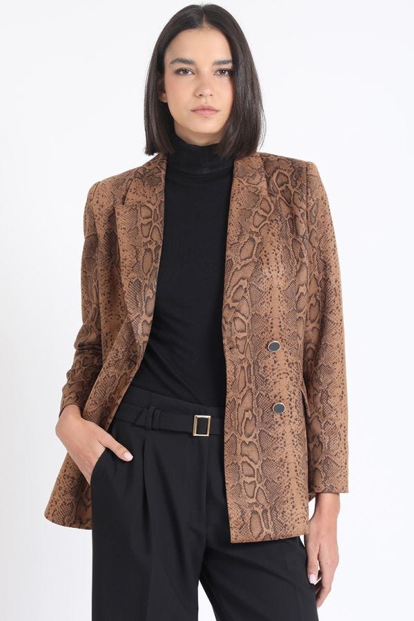 BLAZER EFECTO GAMUZA ESTAMPADO REPTIL, CAFÉ